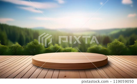 empty wooden table on terrace of nature 119059050