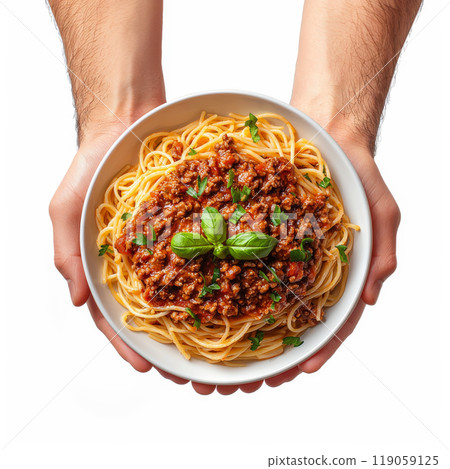 Generative ai illustration of  two hands holding a white plate with spaghetti bolognaise 119059125