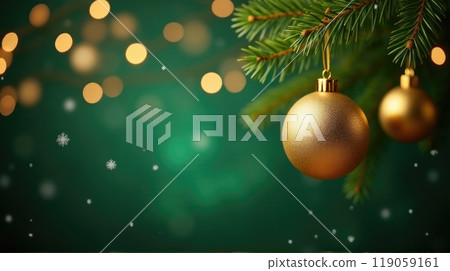 Christmas or New Year golden balls toys on fir branches on green festive background with lights 119059161