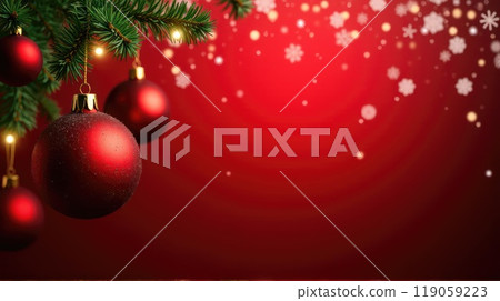 Christmas or New Year red balls toys on fir branches on red festive background with lights bokeh Christmas or New Year red balls toys on fir branches on red festive background with lights bokeh 119059223