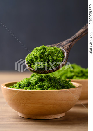 Wolffia or watermeal in bowl with spoon, Edible small aquatic plant high protein Wolffia or watermeal in bowl with spoon, Edible small aquatic plant high protein 119059289