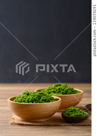 Wolffia or watermeal in bowl with spoon, Edible small aquatic plant high protein 119059291