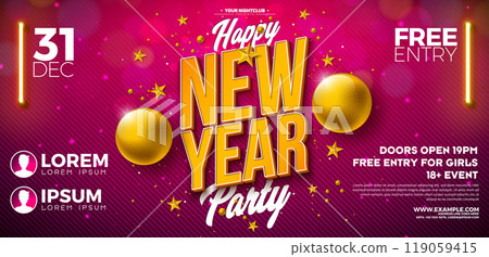 Happy New Year 2025 Party Banner Flyer Template Illustration with 3d Typography Lettering and Christmas Ball on Red Background. Vector New Year Eve Celebration Holiday Design. Premium Invitation or 119059415