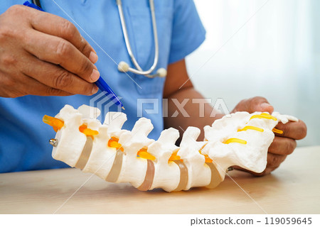 Asian doctor holding spinal nerve and bone model, Lumbar spine displaced herniated disc fragment for treatment medical in the orthopedic department. Asian doctor holding spinal nerve and bone model, Lumbar spine displaced herniated disc fragment for treatment medical in the orthopedic department. 119059645