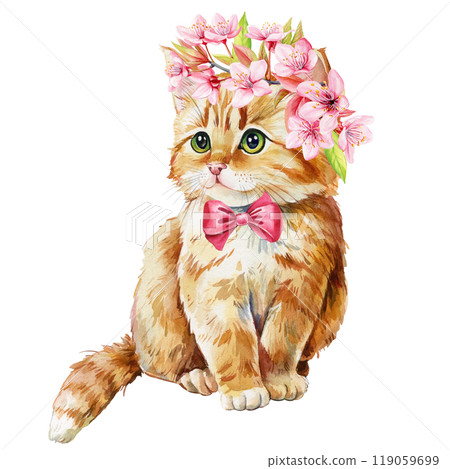 Kitty, adorable watercolor cat with delicate pink blossoms sakura flower in satin bow. Cute animal, spring decor, poster Kitty, adorable watercolor cat with delicate pink blossoms sakura flower in satin bow. Cute animal, spring decor, poster 119059699