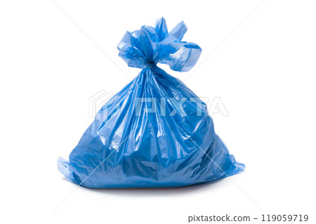 Blue garbage bag isolated on white background, close-up. Blue garbage bag isolated on white background, close-up. 119059719