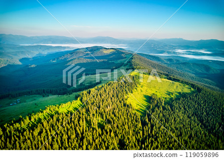 Aerial view of vast, forested landscape under clear blue sky. Rolling green hills stretch into distance, with clearing in foreground. Misty valleys and distant mountains create serene scene. 119059896