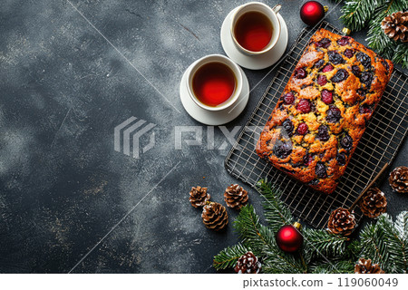Christmas fruit cake loaf on gray stone background. Top view. Copy space. Ai generative 119060049