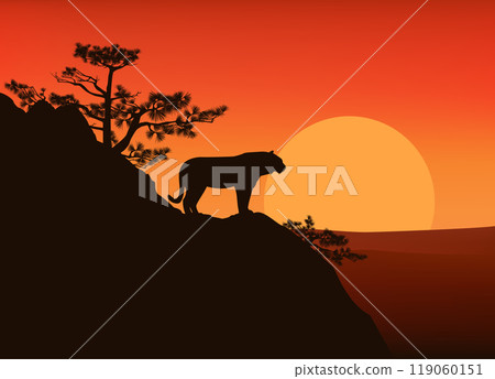 wild tiger cat at sunset mountain cliff vector silhouette lanscape 119060151