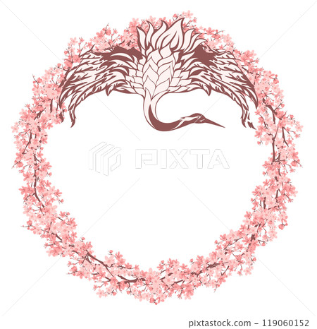 japanese crane bird with spread wings inside round vector frame with cherry blossom 119060152