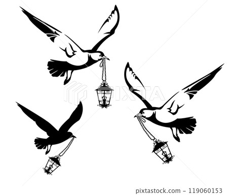 seagull bird and antique lantern vector outline and silhouette set 119060153