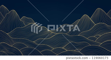 Vector line mountains and water background, japanese nature illustration. Curve wave asian landscape wallpaper. 119060173
