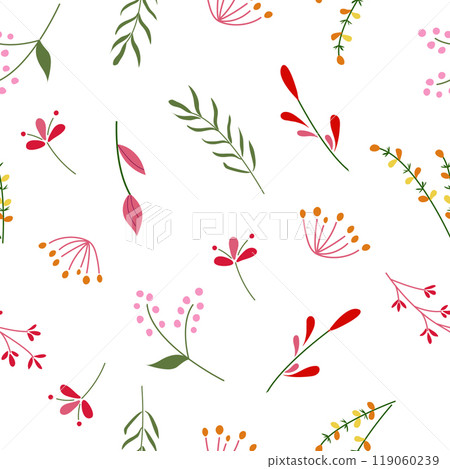 Seamless pattern. Flat spring flowers on a white background.  For fabrics, textile, wrapping paper, covers, and background. 119060239