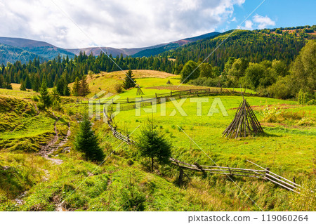 rural valley of ukraines podobovets. sunny autumn weather. green grassy hill and forested rolling hills. borzhava ridge of carpathian mountain landscape in the distance 119060264