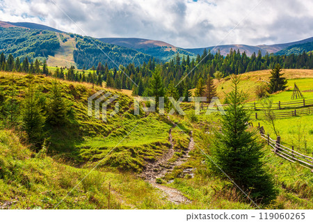 rural valley of ukraines podobovets. sunny autumn weather. green grassy hill and forested rolling hills. borzhava ridge of carpathian mountain landscape in the distance. highland scenic view rural valley of ukraines podobovets. sunny autumn weather. green grassy hill and forested rolling hills. borzhava ridge of carpathian mountain landscape in the distance. highland scenic view 119060265
