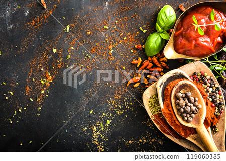 Wooden spoons with spices and tomato sauce 119060385