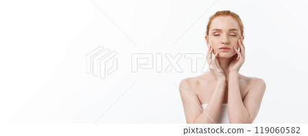 Beauty Woman. Beautiful Young Female touching Her Skin. Portrait isolated on White Background. Healthcare. Perfect Skin. Beauty Face 119060582