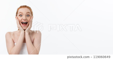 Happy beautiful girl is happy smiling and laughing look stright . Expressive facial expressions .Cosmetology and Spa , skin care model Happy beautiful girl is happy smiling and laughing look stright . Expressive facial expressions .Cosmetology and Spa , skin care model 119060649
