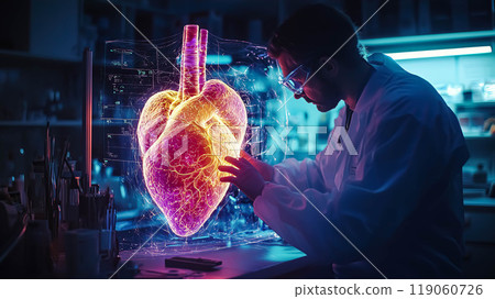 A doctor analyzes the hologram of a human heart. The concept highlights the integration of modern medical technology in healthcare and diagnostics. Generative AI. 119060726