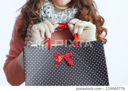 Closeup on modern woman in sweater, mittens, hat and scarf 119060776