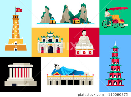 Antiquities and monuments of Vietnam - set of flat design style colorful illustrations 119060875