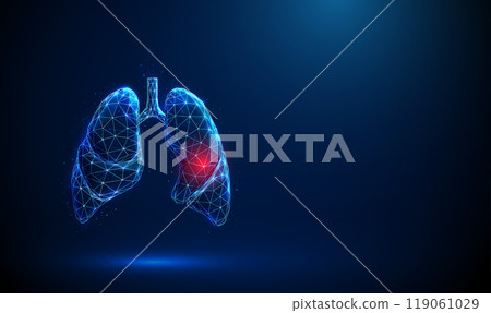Abstract blue human lungs with red circle inside. Lungs anatomy. Lung disease, diagnosis, treatment, healthcare medical concept. Low poly. Abstract blue human lungs with red circle inside. Lungs anatomy. Lung disease, diagnosis, treatment, healthcare medical concept. Low poly. 119061029
