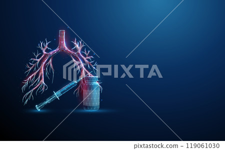 Bottle and syringe in front of red futuristic human bronchial tree. Lungs diseases, medical treatment and pharmacy concept Low poly. 119061030