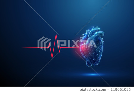 Abstract blue human heart with red cardio pulse line and red circle. Healthcare medical concept Abstract blue human heart with red cardio pulse line and red circle. Healthcare medical concept 119061035