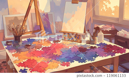 A room with colorful pieces and canvases A room with colorful pieces and canvases 119061133