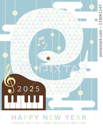 2025 年蛇年新年賀卡向量插畫（可愛的蛇和鋼琴柔和的藍色） 119061147