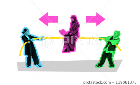 Poster. Contemporary art collage. Businesswomen pull opposite directions on rope while Muslim woman works calmly on laptop. Poster. Contemporary art collage. Businesswomen pull opposite directions on rope while Muslim woman works calmly on laptop. 119061373