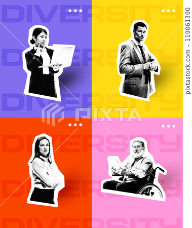 Poster. Contemporary art collage. Diverse professionals, each person standing out against brightly colored backgrounds with DIVERSITY in large text behind them. Poster. Contemporary art collage. Diverse professionals, each person standing out against brightly colored backgrounds with DIVERSITY in large text behind them. 119061390