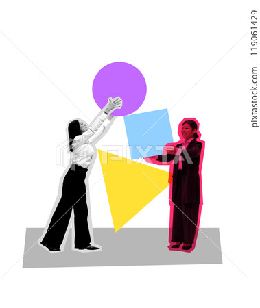 Poster. Contemporary art collage. Two women from different cultural backgrounds exchanging ideas, symbolized by geometric shapes, showcasing creative problem-solving. Poster. Contemporary art collage. Two women from different cultural backgrounds exchanging ideas, symbolized by geometric shapes, showcasing creative problem-solving. 119061429
