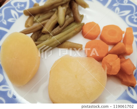Vegetarian triptych dish with steamed vegetables including orange carrots, yellow potatoes and green beans Vegetarian triptych dish with steamed vegetables including orange carrots, yellow potatoes and green beans 119061702