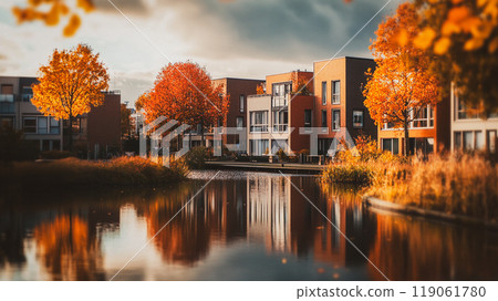 Modern townhouses on a river bank. Brown trees reflecting in autumnal calm pond. Real estate, housing in suburbs Houses and waterfront in fall season. This is AI-generated item 119061780