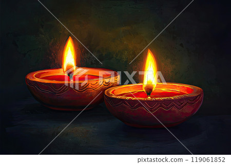 illustration Clay Diya lamps lit during Diwali, Hindu festival of lights celebration. Colorful traditional oil lamp diya and colorful background. Ai generative illustration Clay Diya lamps lit during Diwali, Hindu festival of lights celebration. Colorful traditional oil lamp diya and colorful background. Ai generative 119061852
