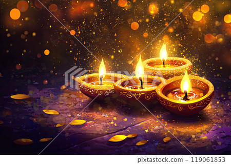illustration Clay Diya lamps lit during Diwali, Hindu festival of lights celebration. Colorful traditional oil lamp diya and colorful background. Ai generative illustration Clay Diya lamps lit during Diwali, Hindu festival of lights celebration. Colorful traditional oil lamp diya and colorful background. Ai generative 119061853