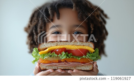Child enjoying a colorful ham and cheese sandwich with fresh vegetables and cheerful expression 119061927