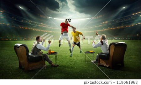 Two soccer players competing on filed during match, l while fans. businessmen cheering from armchairs on field. 3D render of stadium. Two soccer players competing on filed during match, l while fans. businessmen cheering from armchairs on field. 3D render of stadium. 119061968