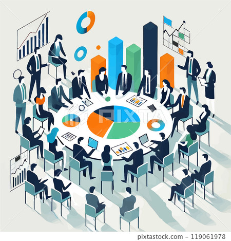 Business Team Collaborating at Meeting Table with Growth Charts - Data Analysis, Strategy Development, Teamwork, Modern Office, Professional Environment, Success and Innovation. Vector illustration 119061978