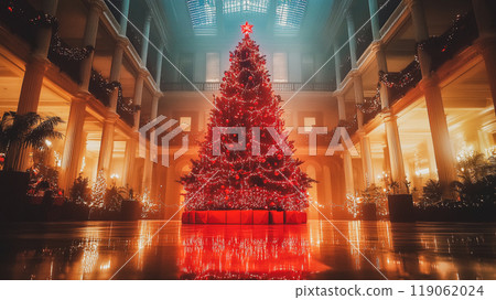 Beautiful red Christmas tree with garlands glowing lights mediate a large empty hallway. New Year, winter holidays celebration atmosphere. School hall This is AI-generated item 119062024