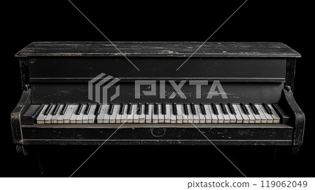 A Vintage Piano Featuring Worn Keys Set Against a Dark Background A Vintage Piano Featuring Worn Keys Set Against a Dark Background 119062049