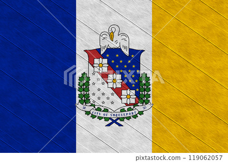 Flag of the city of Shreveport, Louisiana, USA, on a background of a wooden fence. Conceptual collage 119062057