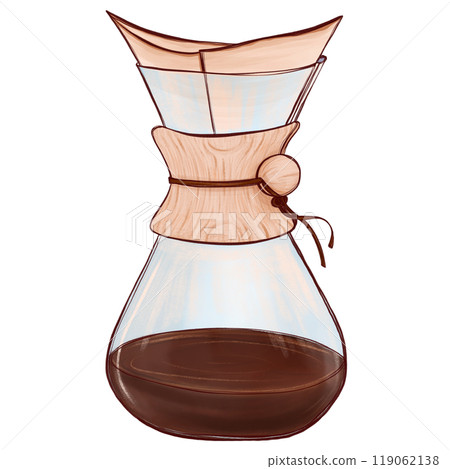 Pour-over coffee maker chemex with a wooden collar and glass body. Digital illustration in a hand-drawn style with soft colors and textures. Ideal for coffee-theme, cafe branding, and kitchen decor Pour-over coffee maker chemex with a wooden collar and glass body. Digital illustration in a hand-drawn style with soft colors and textures. Ideal for coffee-theme, cafe branding, and kitchen decor 119062138