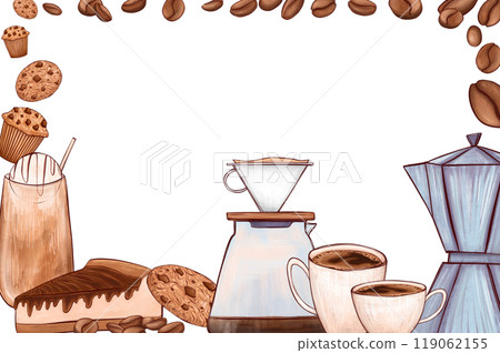 Coffee-theme frame featuring coffee cups, beans, and brewing equipment, along with desserts like muffins and cakes hand drawn. Creates a cozy atmosphere, perfect for cafe menus, posters and design 119062155