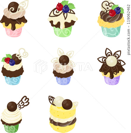 A set of sweets icons featuring decorated chocolate truffles. 119062462