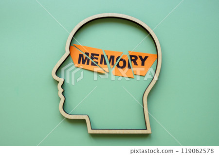 Head outline with cut memory text. Cognitive decline or memory loss. 119062578