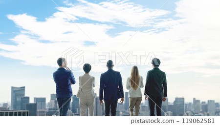 Back view of multinational people looking at the city Global business Back view of multinational people looking at the city Global business 119062581