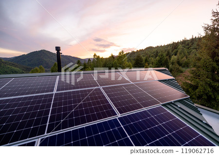 Rooftop with solar panels on house in mountains, 119062716