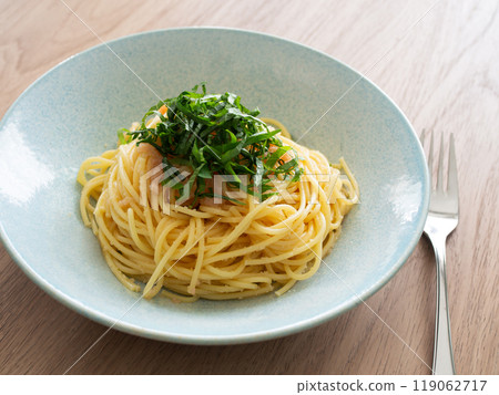 Cod roe spaghetti served on a plate 119062717